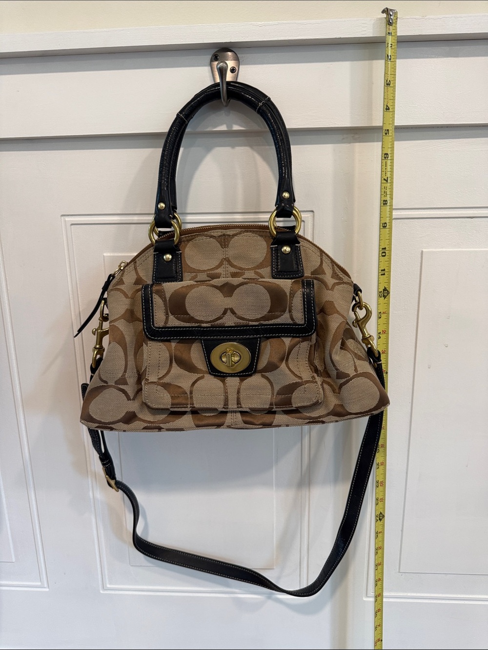 Coach Tan and Black Signature Canvas Satchel with Gold Hardware